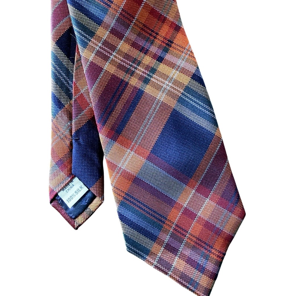 IZOD‎ Plaid Men's Neck Tie~Tartan Blue Red Orange~100% Silk~59-60"L